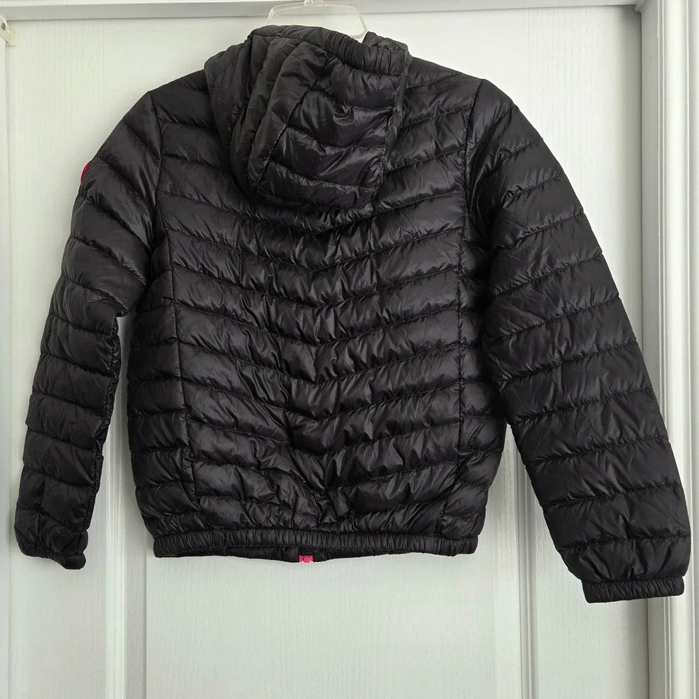 Rokka & Rolla Kids Black Down Puffer Jacket Hooded Packable Pink Zip Sz L 10-12‎